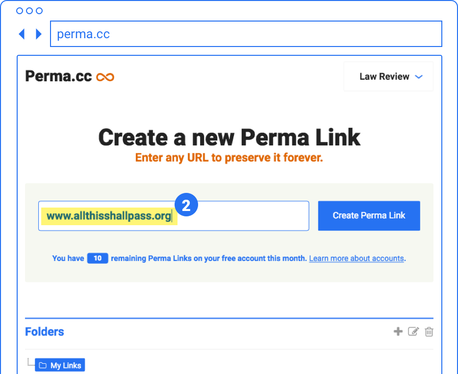 An illustration of the Perma.cc create page: a simple form. The URL from step 1 appears in the input field, and there is a button labeled 'Create Perma Link'